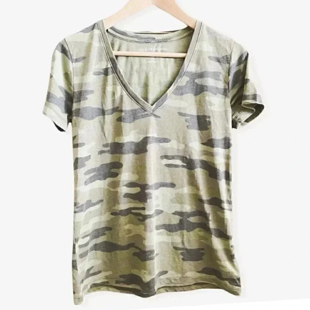 Lucky Brand Women's Green Camo V-Neck T-shirt Top Blouse SZ XS